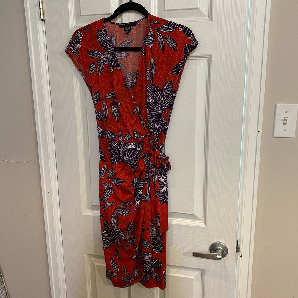 Maggy London Red and Blue Floral Wrap Dress - Medium